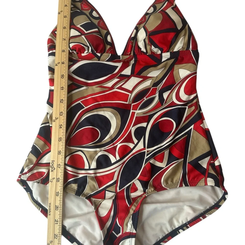 Michael Korhs Red, White & Blue Geometric Psychedelic One Piece Swimsuit Size 10